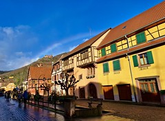 Ribeauvillé with Vosges and rainbow, Alsace, France