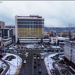 A skyline view of Hotel National and the other old Soviet style buildings in Chisinau Moldova taken using the drone