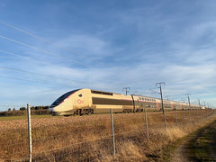 Two grimy TGV Duplex head north on LGV Sud Est near Châtel-Gérard, Bourgogne - Photo of Sarry