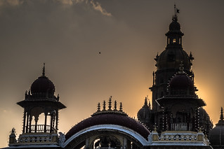 Close up view of Mysore Palace un-lit bulbs glowing in Dusk