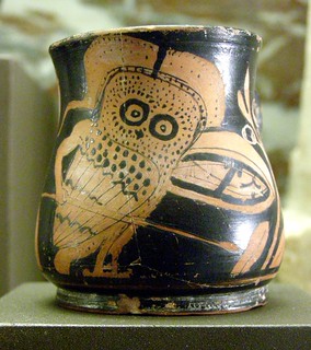 Greek vessel with armed owl as Athena Polias (protectress of the city), red-figure oinochoe, Attica, ca. 410-390 BC
