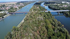 Rail and road bridge Bantzenheim - Neuenburg, drone photo - Photo of Petit-Landau