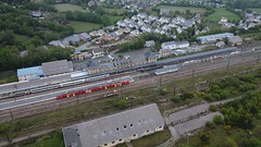 Latour de Carol-Entveitg station - drone picture, SNCF and Renfe trains in station - Photo of Sainte-Léocadie