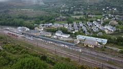 Latour de Carol-Entveitg station - drone picture, SNCF and Renfe trains in station