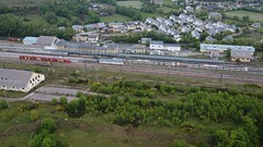 Latour de Carol-Entveitg station - drone picture, SNCF and Renfe trains in station - Photo of Palau-de-Cerdagne