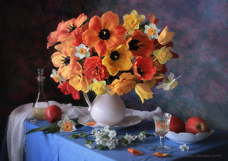 Spring still life with flowers and wine