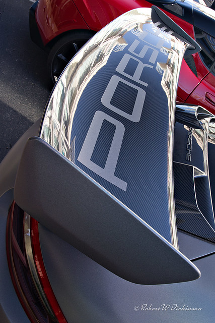 Carbon Fiber Rear Spoiler on Silver Porsche