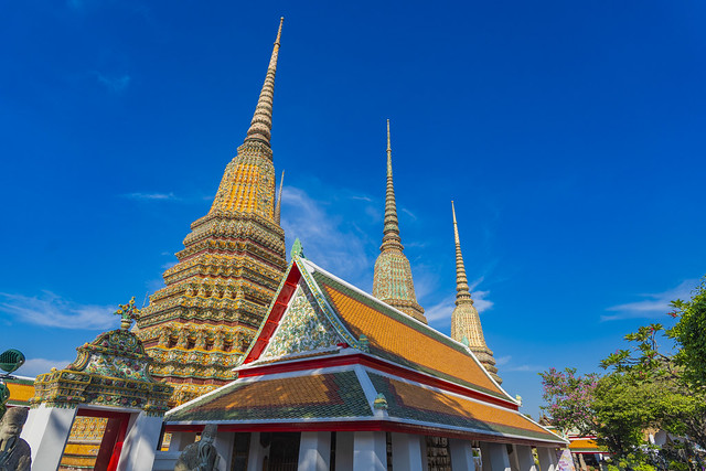 Phrangs at Wat Phra Chetuphon Wimon Mangkhalaram Rajwaramahawihan in old town of Bangkok, Thailand