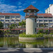 Watch tower in a pond with reflections in Rommani Nat park in old town of Bangkok, Thailand