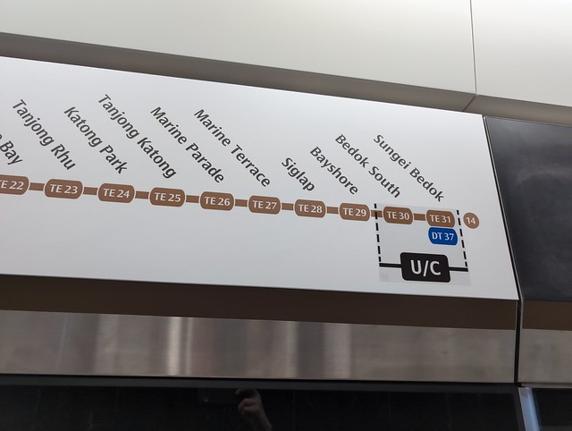 Line diagram at MRT station showing under construction Bedock South and Sungei Bedok on the Thompson - East Coast Line, Singapore
